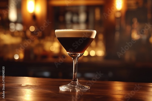 Espresso Martini cocktail with creamy top on the wooden bar counter against the cozy ambiance of bar