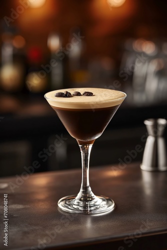 Espresso Martini cocktail with creamy top on the wooden bar counter against the cozy ambiance of bar