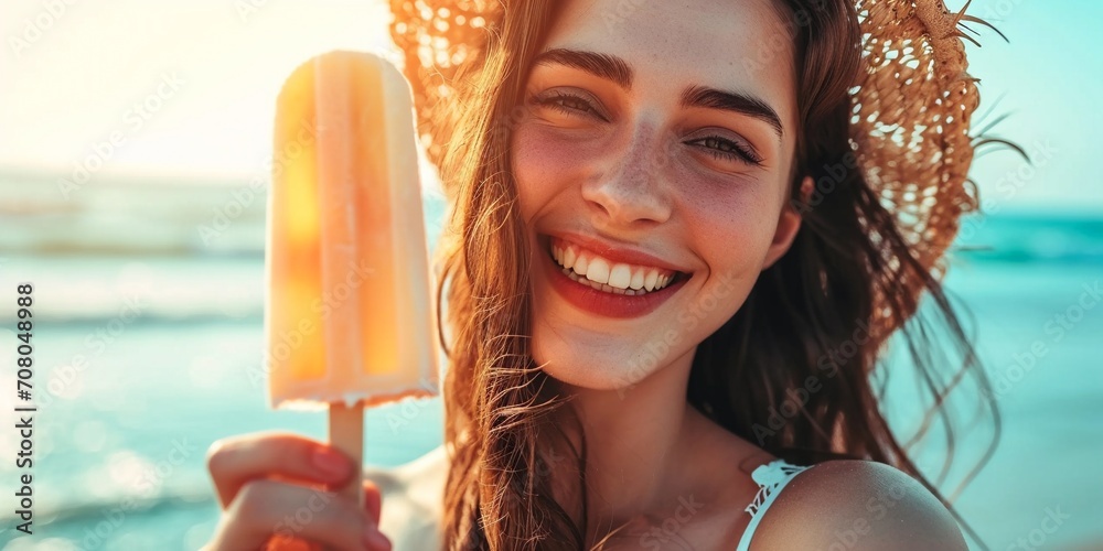 Young smiling woman wearing straw hat holding a popsicle smiling in front of the sea, with copy space. - obrazy, fototapety, plakaty 