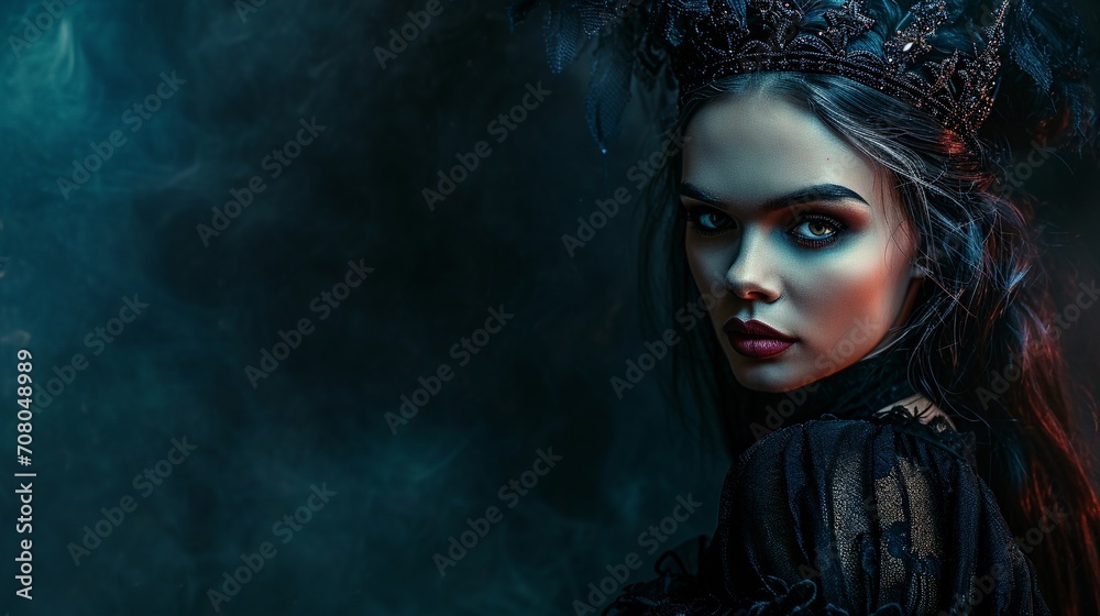 Gothic style woman portrait in black. Halloween black dark witch, copy space.