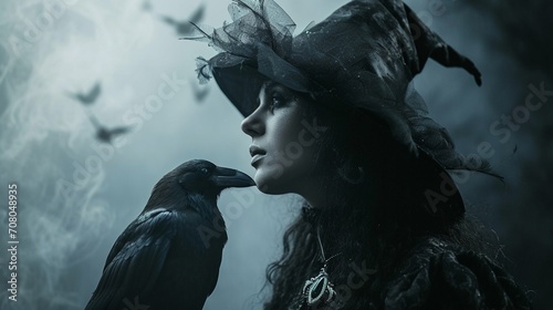 A pretty young witch with crow on her shoulder smiling with conspiracy on dark smoky background with copy space. photo
