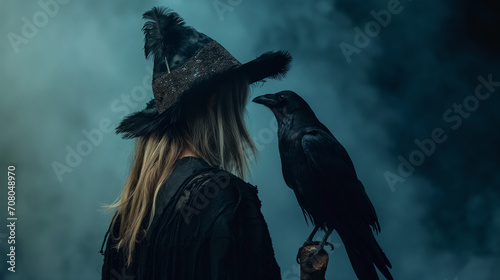 Raven minion is whispering to a dark beautiful witch woman on smoky black background with copy space, Halloween card, event poster and backgrounds, mysterious black woman in vintage style. photo