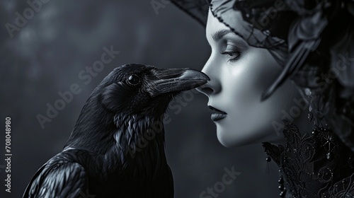 Raven minion is whispering to a dark beautiful witch woman on smoky black background with copy space, Halloween card, event poster and backgrounds, mysterious black woman in vintage style.