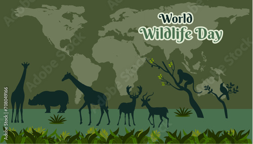 Vector world wildlife day, world wildlife conservation day poster or banner, flat background design with animals and nature.   
