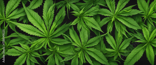 Green cannabis leaves on a black background. Hemp. Close-up. Background with copy space for design. Growing medical cannabis concept.