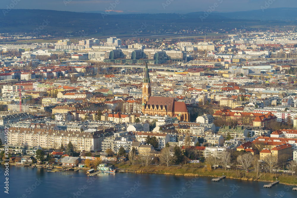 Fototapeta premium Vienna, Austria - 14 December 2023: view of the northern part of the city including St. Leopold's Church and Floridsdorf district