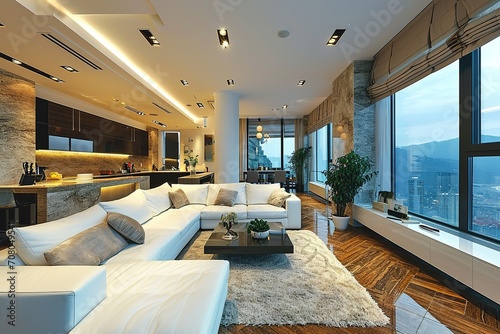 Modern luxury spacious penthouse living room interior design with comfortable sofa  coffee table