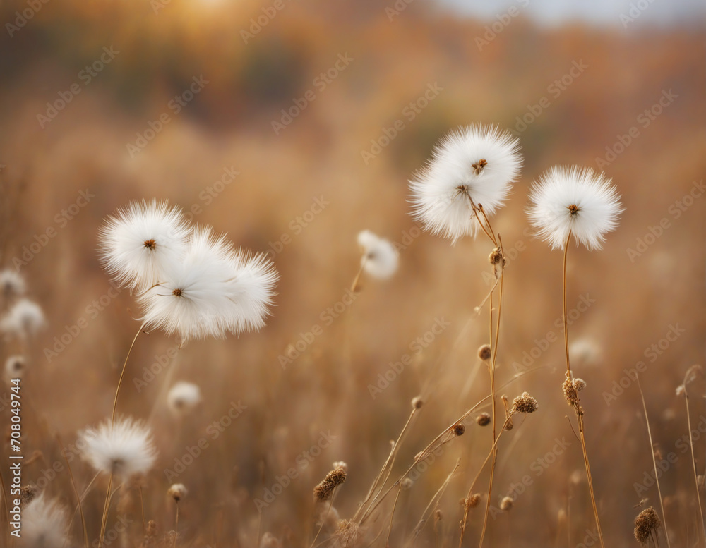 Fluffy white flowers in the fall. Flying seeds in nature. Dry autumn grass in the forest. Dried wild plants. Autumn background of wild plants.