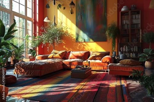 Modern multicolored living room interior. © interior