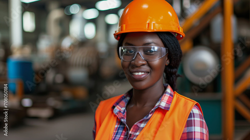 Young brunette female factory worker in an orange helmet with the factory in the background.