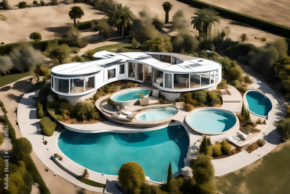 An aerial shot of a mobile home with swimming pool,  a unique oval-shaped pool and the mobile home's modern architectural design