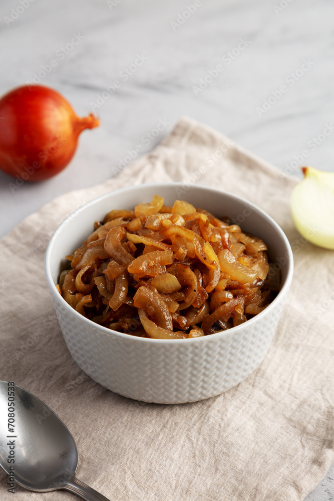 Organic Caramelized Onions in a Bowl, side view. Organic Caramelized Onions in a Bowl, side view.