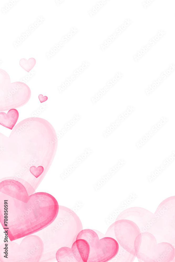 Vertical background of pink watercolor hearts on the edge for congratulations on Valentine's Day. Design for decorating a wedding card. Vector illustration.