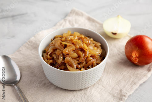 Organic Caramelized Onions in a Bowl, side view.