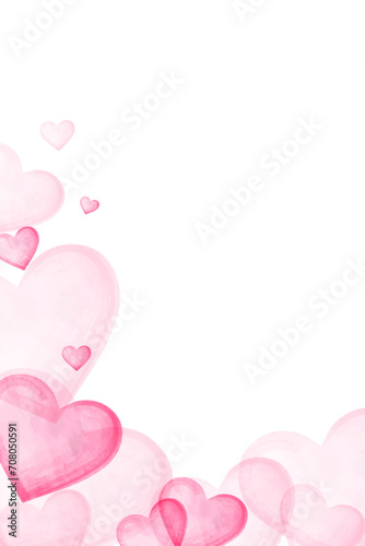 Vertical background of pink watercolor hearts on the edge for congratulations on Valentine's Day. Design for decorating a wedding card. Vector illustration.