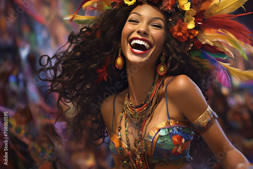 Happy laghing woman in carnival costumes and feather crown at chic carnival against background of bokeh and fireworks. Rio carnival festive concept