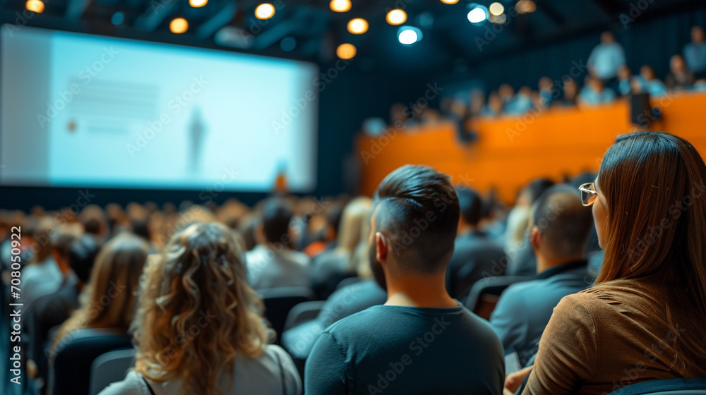 An audience engaged in a Q&A session, business conference, blurred background, with copy space