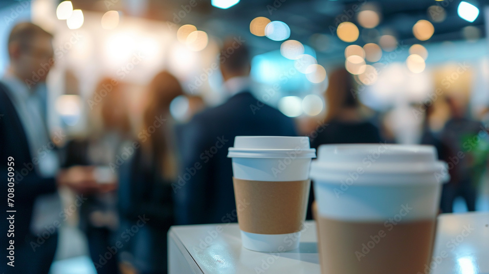 Coffee break at a conference with attendees socializing, business conference, blurred background, with copy space Coffee break at a conference with attendees socializing, business conference, blurred background, with copy space