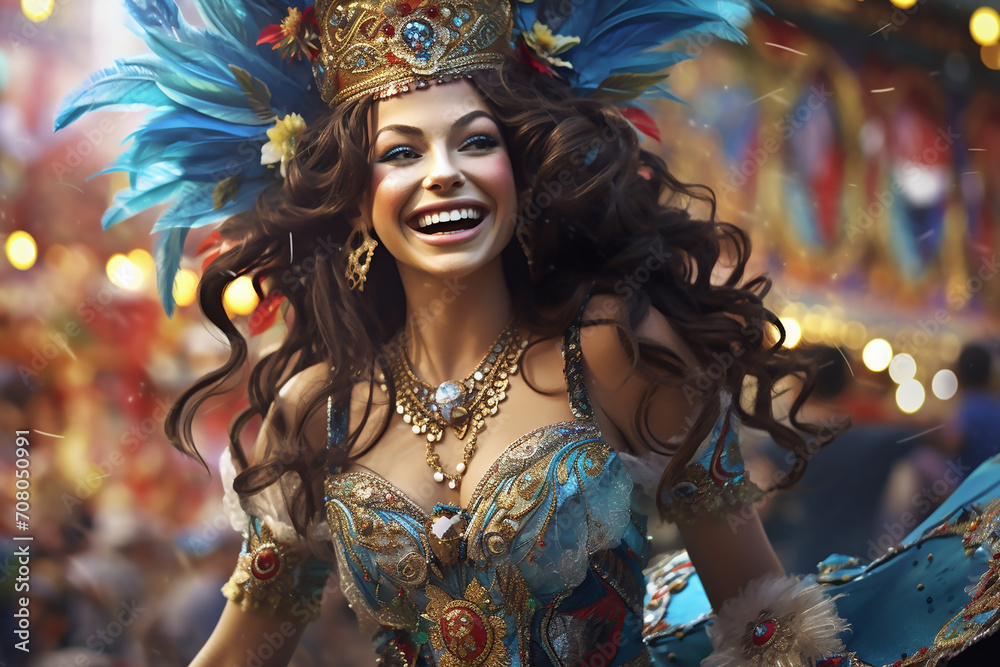 Happy laghing woman in carnival costumes and feather crown at chic carnival against background of bokeh and fireworks. Rio carnival festive concept Happy laghing woman in carnival costumes and feather crown at chic carnival against background of bokeh and fireworks. Rio carnival festive concept