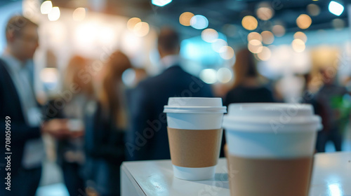 Coffee break at a conference with attendees socializing, business conference, blurred background, with copy space