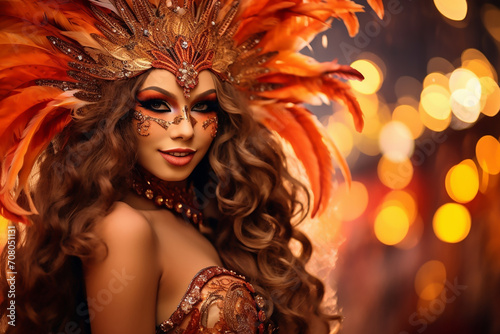 Beautiful woman in carnival costume and feathers at chic carnival against background of bokeh and fireworks. Orange and red color. Copy space for text