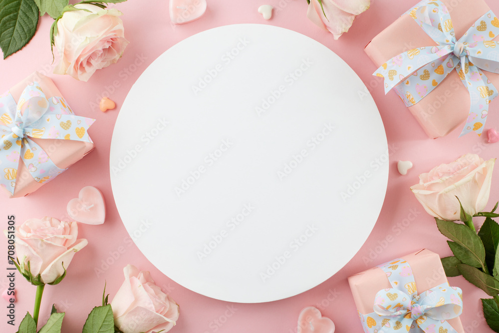 International Women's day gift inspiration. Top view flat lay of present boxes, hearts, pink roses on pastel pink background with blank circle for advert or text