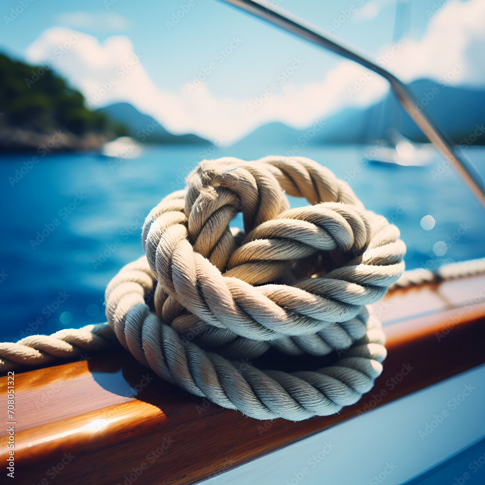 Nautical String Mooring Rope Cord Cable Line Knot Tied around Cleat Stake on Marine Sailor Boat Sailing Ship with Blurred Scenic Blue Sea Ocean Background Leaving Port for Lighthouse in Fishing Harbor