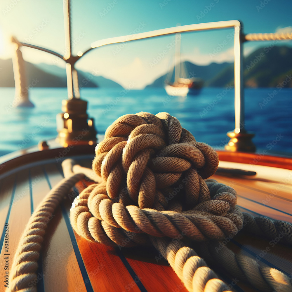 Nautical String Mooring Rope Cord Cable Line Knot Tied around Cleat Stake on Marine Sailor Boat Sailing Ship with Blurred Scenic Blue Sea Ocean Background Leaving Port for Lighthouse in Fishing Harbor