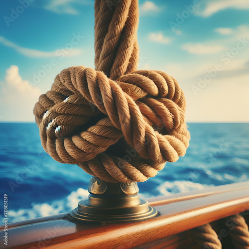 Nautical String Mooring Rope Cord Cable Line Knot Tied around Cleat Stake on Marine Sailor Boat Sailing Ship with Blurred Scenic Blue Sea Ocean Background Leaving Port for Lighthouse in Fishing Harbor photo