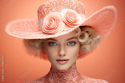 Close up portrait of a young woman with big blue eyes, in a whimsical hat with flowers and a textured flesh-toned outfit, on a peach fuzz background, studio shot