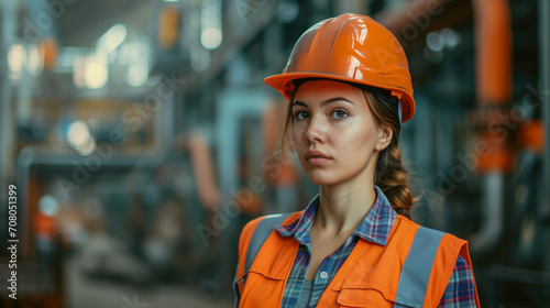 Young brunette female factory worker in an orange helmet with the factory in the background. © Roxy jr.