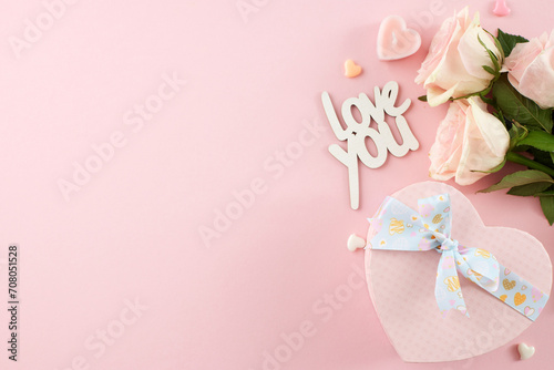 Gifts to celebrate Valentine's day. Top view flat lay of heart-shaped gift box, hearts, pink roses on pastel pink background with marketing space