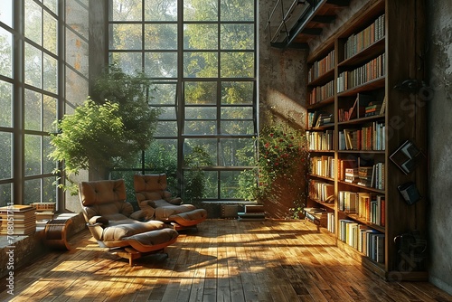 Reading place with bookshelves, wooden floor