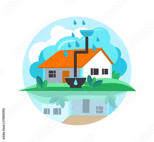 Flat design illustration to save water. A house with a rain gutter and a large drop of water coming out of it