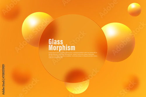 Glass morphism, round transparent banner and orange spheres. Website landing page.