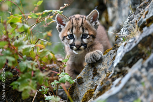 A playful mountain lion cub explores its surroundings, showcasing boundless energy and curiosity