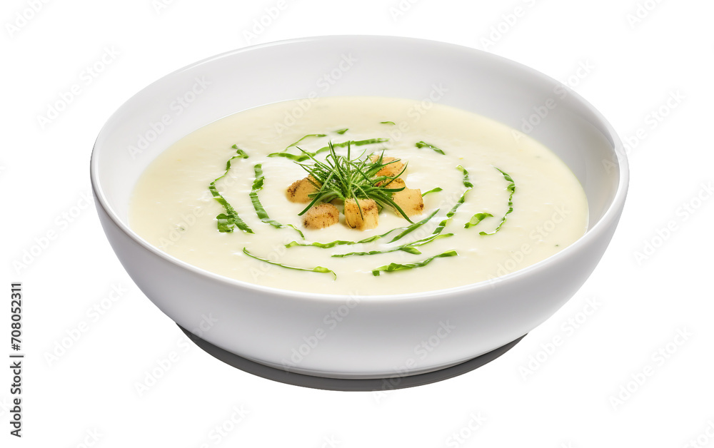 Isolated Creamy Potato Leek Soup Isolated on Transparent Background PNG.