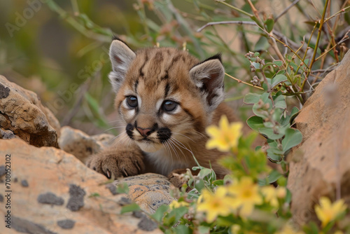 A playful mountain lion cub explores its surroundings  showcasing boundless energy and curiosity