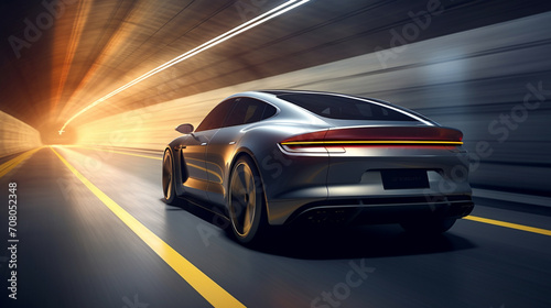 An ultra-realistic image of a graphite grey electric car cruising in a tunnel, with the warm yellow lights creating a striking contrast and adding depth to the scene,