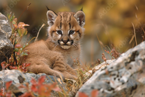 A playful mountain lion cub explores its surroundings  showcasing boundless energy and curiosity