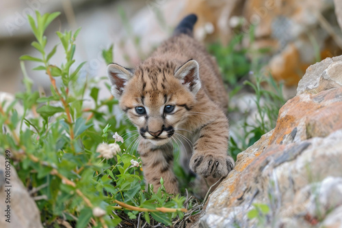 A playful mountain lion cub explores its surroundings, showcasing boundless energy and curiosity © Venka