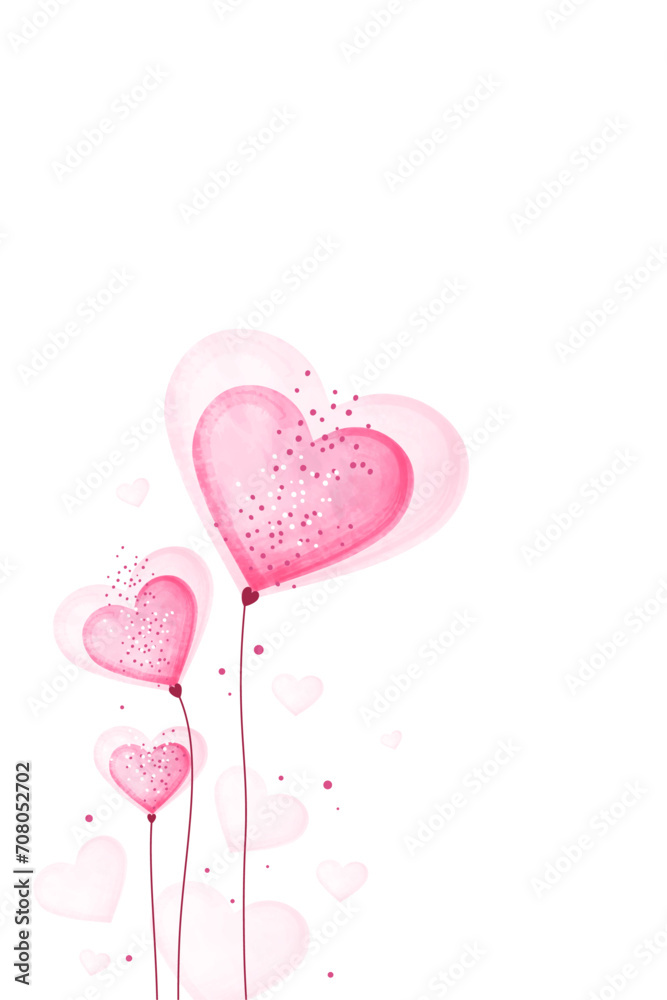 Vertical background of pink watercolor hearts, flowers, balloons on the edge for congratulations on Valentine's Day. Design for decorating a wedding card. Vector illustration.