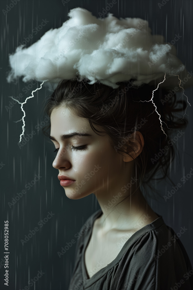 Portrait of female emotions and sad states of mind from a difficult life. Thundercloud on the head.	