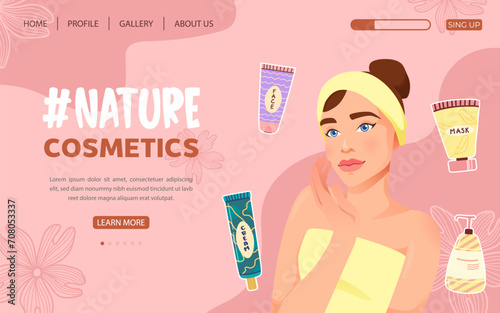 Natural cosmetics. Landing page template with beautiful young woman surrounded by bottles and tubes of cosmetics. Web concept. Illustration, vector.
