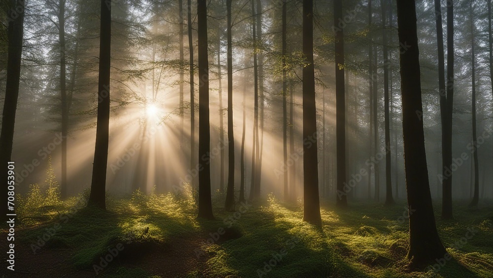 misty morning in the forest A beautiful nature at morning in the misty spring forest with sun. The forest is full of life  