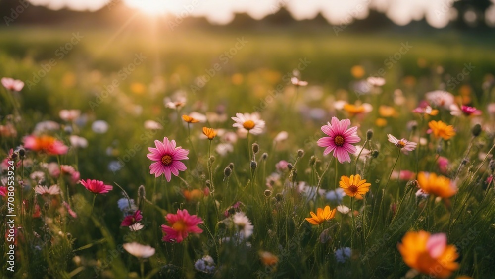Fototapeta premium field of poppies a beautiful panorama of a flower meadow in summer. The image has a bright and colorful atmosphere, 