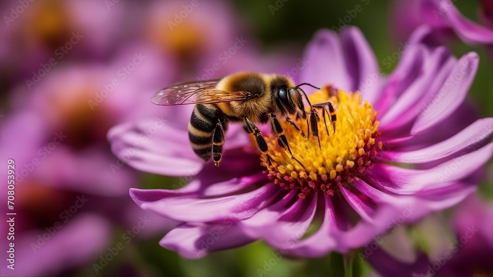 bee on a flower A bee on a flower with a blurred background. The bee is yellow and black, with fuzzy hairs  