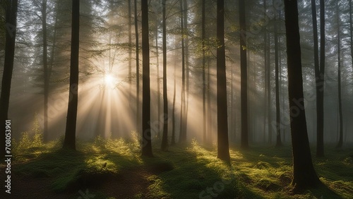 misty morning in the forest A beautiful nature at morning in the misty spring forest with sun. The forest is full of life   © Jared