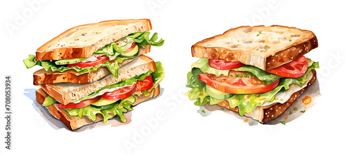 Sandwich, watercolor clipart illustration with isolated background.