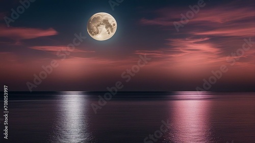 full moon over the sea a full moon over the ocean with a pink sky